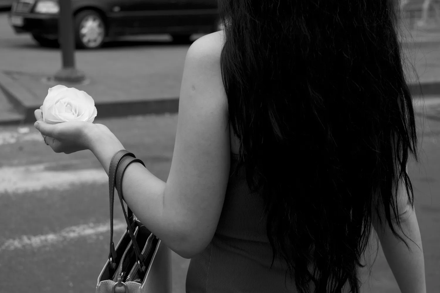 A woman carrying a stemless rose